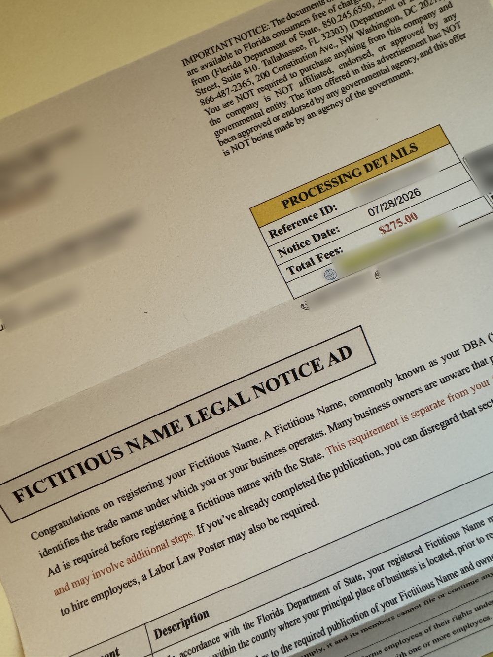 A mailed solicitation headed 'Fictitious Name Legal Notice Ad' with a Processing Details box listing a notice date of 07/28/2026 and total fees of $275.00
